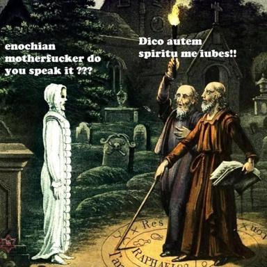 Two priests exorcise a ghost with Latin incantations in a candlelit graveyard. Millennial meme subverting medieval Catholic ritual with faux-casual language-barrier humour.