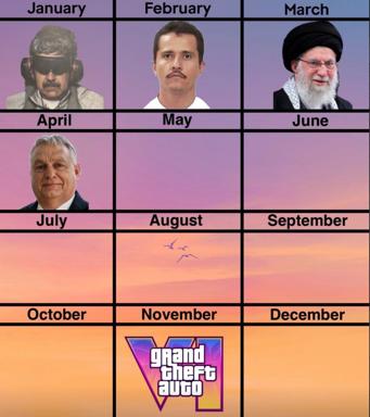 A calendar meme with portraits in January–April and July, culminating in the Grand Theft Auto logo in November, using warm-to-cool gradient backgrounds.