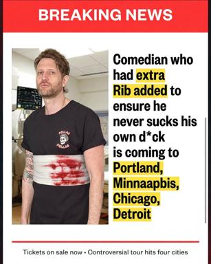 Breaking News parody: a comedian's self-inflicted-injury "controversial tour" announcement across four US cities, with surgical wound prop.