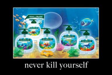 Palmolive dish soap bottles arranged as an underwater diorama with the text "never kill yourself" — a meme subverting product advertising into dark-humor commentary on self-harm via consumer goods.