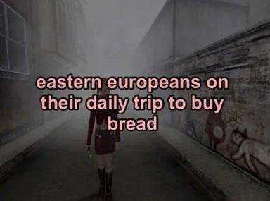 Eastern European daily routine set against brutalist urban decay—the eternal pilgrimage to buy bread.