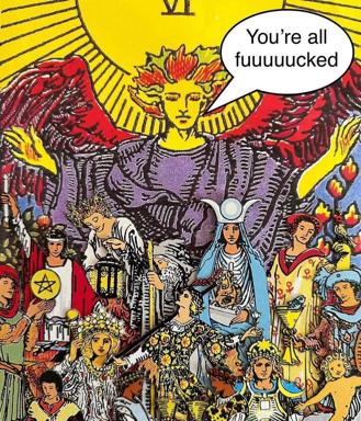 The Magus from Rider-Waite tarot reimagined as an irreverent proclamation to everyone below.
