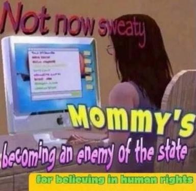 Woman with old iMac: political meme about motherhood reframed as sweating, national threat, and human-rights violations — layered text in clashing neon colors, aggressively cheap aesthetic