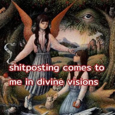 A winged child and sibling encounter oversized mythical creatures in an ornate fairytale landscape; surreal self-aware meme about unwanted premonition.