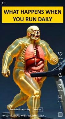 A distressed golden anatomical figure runs in profile, internal organs (heart, lungs) exposed and highlighted in red, illustrating the physical strain of daily running. Posted with "you'll die eventually"—dark gallows humour.