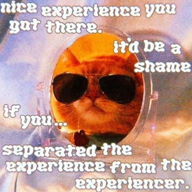 An anthropomorphic orange in dark sunglasses voiced as an ironic observer on the gap between private experience and external appearance, set against a dreamy pastel gradient.