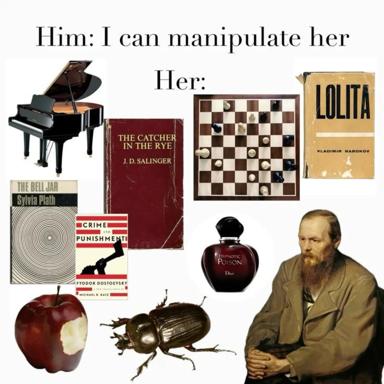 A two-panel "he said / she said" meme: his side shows controlling literary classics and dark imagery; hers counters with Nabokov, chess, and a knowing 19th-century Russian portrait—subverting the seduction narrative.