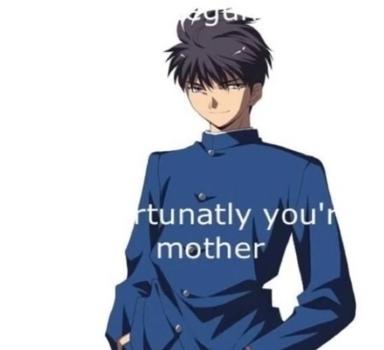 Anime character in formal blue military-style uniform with degraded overlay text reading "tunatly you' mother"—a fragmented meme caption broken across the figure.