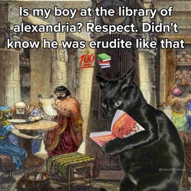 A black demon-cat holds an open book in a Classical library full of scholars, set against a densely engraved historical background; classical erudition is hilariously embodied in a horned creature.