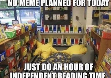 A library floor nook piled with cushions between bookshelves, paired with text about having no scheduled work and doing an hour of independent reading instead.