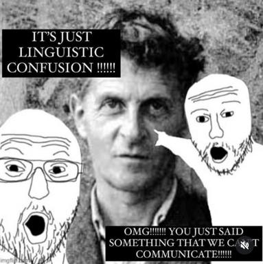 Linguistic confusion meme: a man unable to understand two shock-faced internet characters despite their frantic attempts to explain themselves.