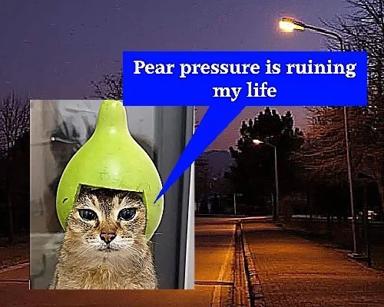 A distressed cat in a pear hat laments social pressure in a lonely suburban night street, classic absurdist homophone pun.