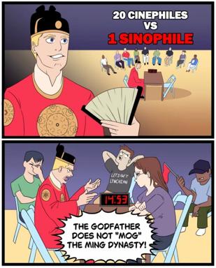 A cinephile-gatekeeping meme: 20 film obsessives clash with a lone defender of *The Godfather* and Ming Dynasty aesthetics over Lynchian superiority.