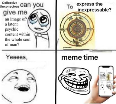 A four-panel meme pairing philosophical questions about the unconscious with increasingly absurd "meme time" responses, from earnest Jungian mandala imagery to trollface emoji.