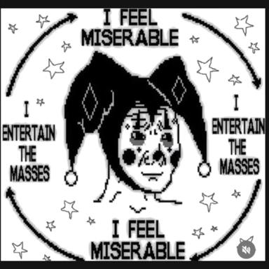 A pixel-art jester trapped in a cycle of performing for others while suffering internally—the emotional labour paradox rendered as a sad-clown meme.