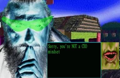 Collage mocking CEO-mindset mythology: bearded statue in neon sunglasses and fortress-block architecture rendered in early-2000s CG, with maximalist internet chaos and a green terminal verdict of non-qualification.