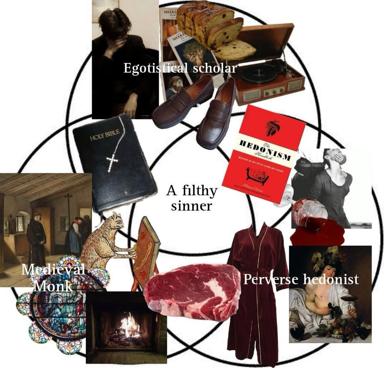 An archival collage satirizing the contradictions between ascetic scholarly identity and hedonistic material comfort.