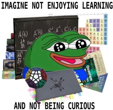 Pepe the Frog surrounded by learning objects—equations, periodic table, textbooks, Rubik's cube—illustrating the contradiction between hating study and lacking curiosity.