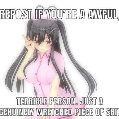 Anime girl in pink making a peace sign with a scathing character judgment disguised as a casual repost prompt