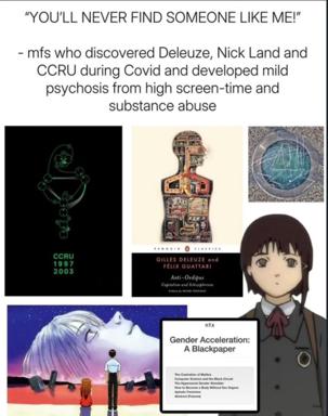 A sardonic collage mocking the twee, identity-obsessed internet persona — "you'll never find someone like me" paired with anime figures, theory books, and abstract diagrams of transgression.