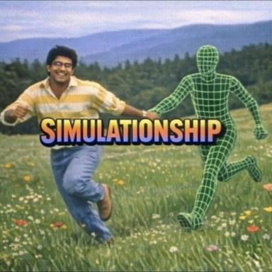 A man jogs through a meadow alongside a neon-green wireframe digital figure; text reads "SIMULATIONSHIP." Meme template riffing on internet loneliness and the uncanny valley of digital connection.