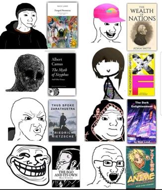Internet face memes paired with philosophy and theory book covers, surveying canonical texts from Nietzsche to Nick Land with varying expressions of intellectual affect.