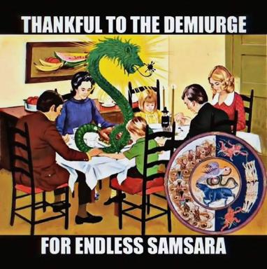 A vintage family dinner scene interrupted by a cosmic green dragon, its tail curling above the table in a burst of yellow light, accompanied by mystical zodiac symbolism.