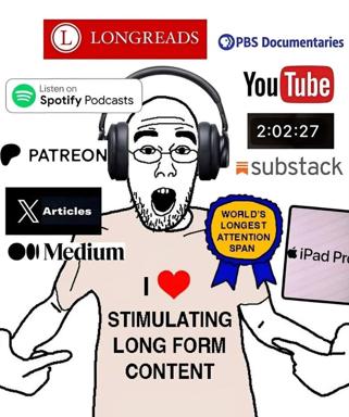 A satirical meme celebrating the irony of sustained attention in a fractured media landscape—figure wearing an achievement medal while surrounded by streaming platforms and digital distractions.