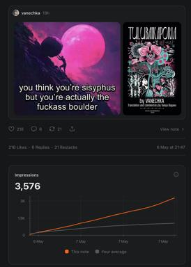 A popular struggle-meme weaponised as a book ad: Sisyphean labour meets indie press hustle.