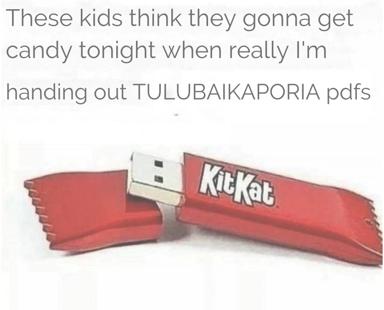 A KitKat chocolate bar reimagined as a USB drive, captioned with a parent's joke about handing out PDFs of the author's book instead of candy on Halloween."