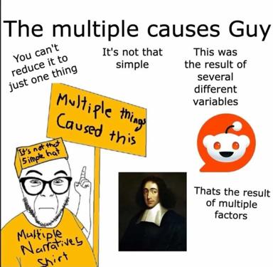 Multi-panel meme satirizing academic hedging: when something happens for obvious reasons, the intellectual refuses to name them and instead gestures at "complexity," "multiple narratives," and "variables."