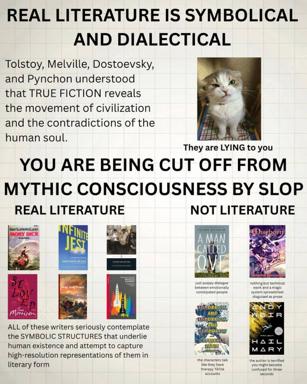 A literary snobbery meme contrasting canonical "real literature" (Tolstoy, Dostoevsky, Melville) against contemporary pop fiction, with a skeptical cat as the arbiter of truth.