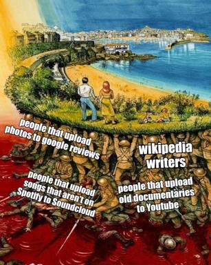 A layered surreal meme contrasting a picturesque coastal landscape above with underworld demons below, labeling everyday internet archivists as unsung heroes doing the work nobody else does.