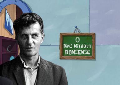 A formal mid-century portrait photomontaged into a stylized interior beneath a factory safety sign that reads "0 Days Without Nonsense" — a deadpan comment on the impossibility of order.