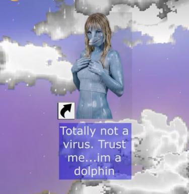 Vaporwave alien woman in cloud-filled sky claims trustworthiness while admitting she's a dolphin — a deadpan absurdist joke about deception.