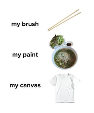 Artist's supplies: chopsticks, ramen broth as paint, blank t-shirt as canvas — a visual joke reframing a meal as a creative medium.