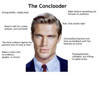 A labeled-diagram meme dissecting the personality of "The Conclooder" — someone who holds strong opinions weakly and arrives at convictions through aesthetic appeal rather than rigorous evidence.
