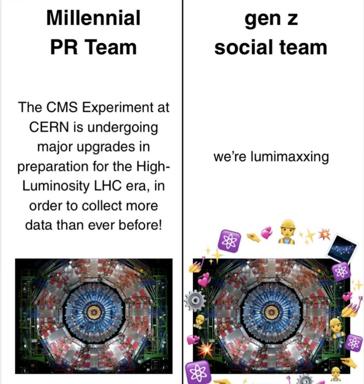 A two-panel generational meme contrasting formal particle physics communication (Millennial PR) with Gen Z slang rebranding of the same scientific achievement as "lumimaxxing" (maximizing luminosity), with the CERN CMS detector featured in both halves.