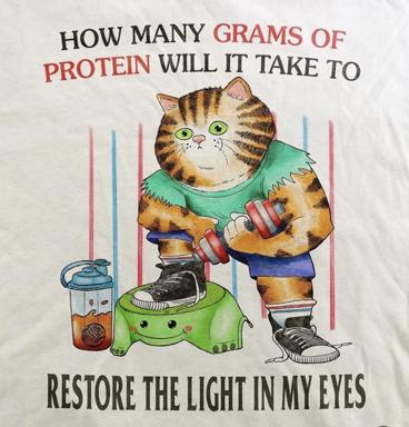 Buff tabby cat doing bicep curls with dumbbells and holding a protein shake, eyes glowing with determination—gym motivation meme about regaining physical vitality.