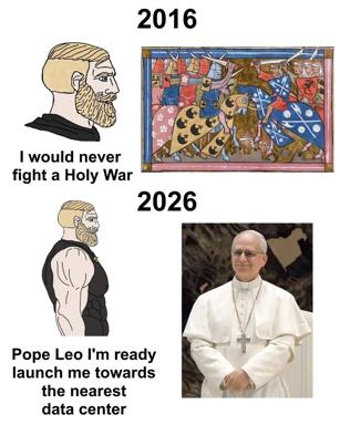 Medieval manuscript scene contrasted with Pope Francis in spiritual attire: 2016 self declares pacifism; 2026 self is combat-ready. Satirizes how geopolitical conditions reshape even personal values.
