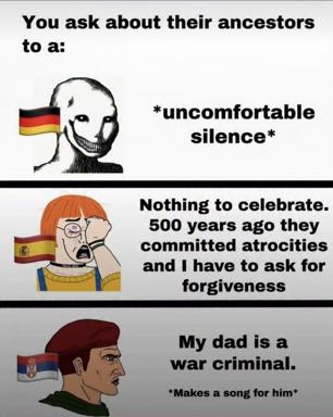 A three-panel meme about uncomfortable historical guilt among Europeans, comparing three countries' responses when asked about ancestral atrocities.