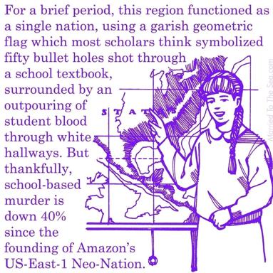 Dark humor meme pairing a screenshot of cheerful onboarding-style illustration with grim text about a fictional dystopian nation's school-violence statistics — surreal juxtaposition of optimistic image and apocalyptic content.