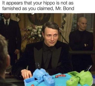 A deadpan mashup of Goldfinger's suave menace: a tuxedoed man addresses a toy hippo collection with spy-thriller gravitas.