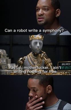 An AI entrepreneur in a gold crown demands payment for creative work. Three-panel meme on the economics of machine-generated content.