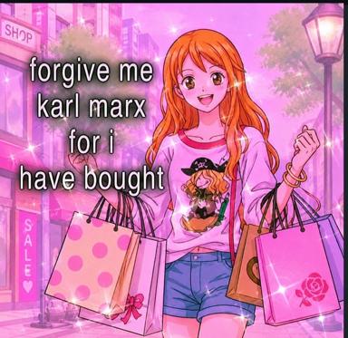Anime girl loaded with shopping bags begs forgiveness from Karl Marx for her consumer excess in this neon-pink meme.