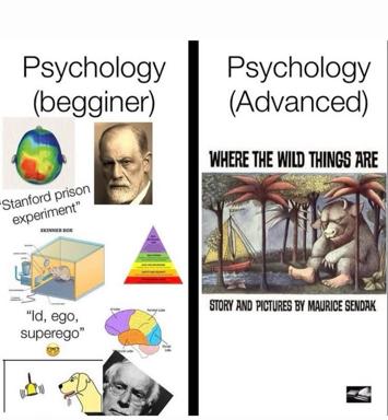 Meme contrasting mechanistic textbook psychology (left: Freud, Skinner, Stanford Prison Experiment) with the emotional and narrative depth of Maurice Sendak's *Where the Wild Things Are*—arguing that literature understands the human psyche better than laboratory psychology.