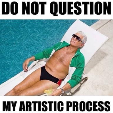 Middle-aged man unapologetically relaxing by a pool in a bright green swim jacket and dark sunglasses, with text asserting creative freedom against judgment.