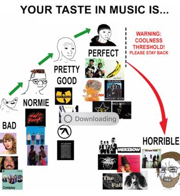 A taste-hierarchy chart mapping music taste from mainstream normie to gatekeeping "horrible," with a comedic coolness threshold warning.