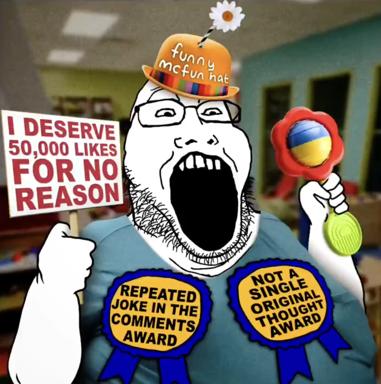 Wojak character with oversized mouth, rainbow hat, and daisy, holding a sign demanding 50,000 likes and wearing mock awards for unoriginal comments and no original thought.