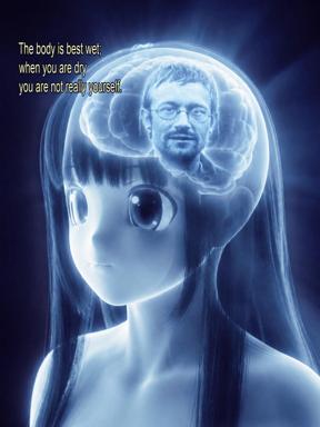 Surreal meme: an anime girl's profile with a bearded man's face glowing inside her brain — "living in your head rent-free" visualized as literal mental occupation.